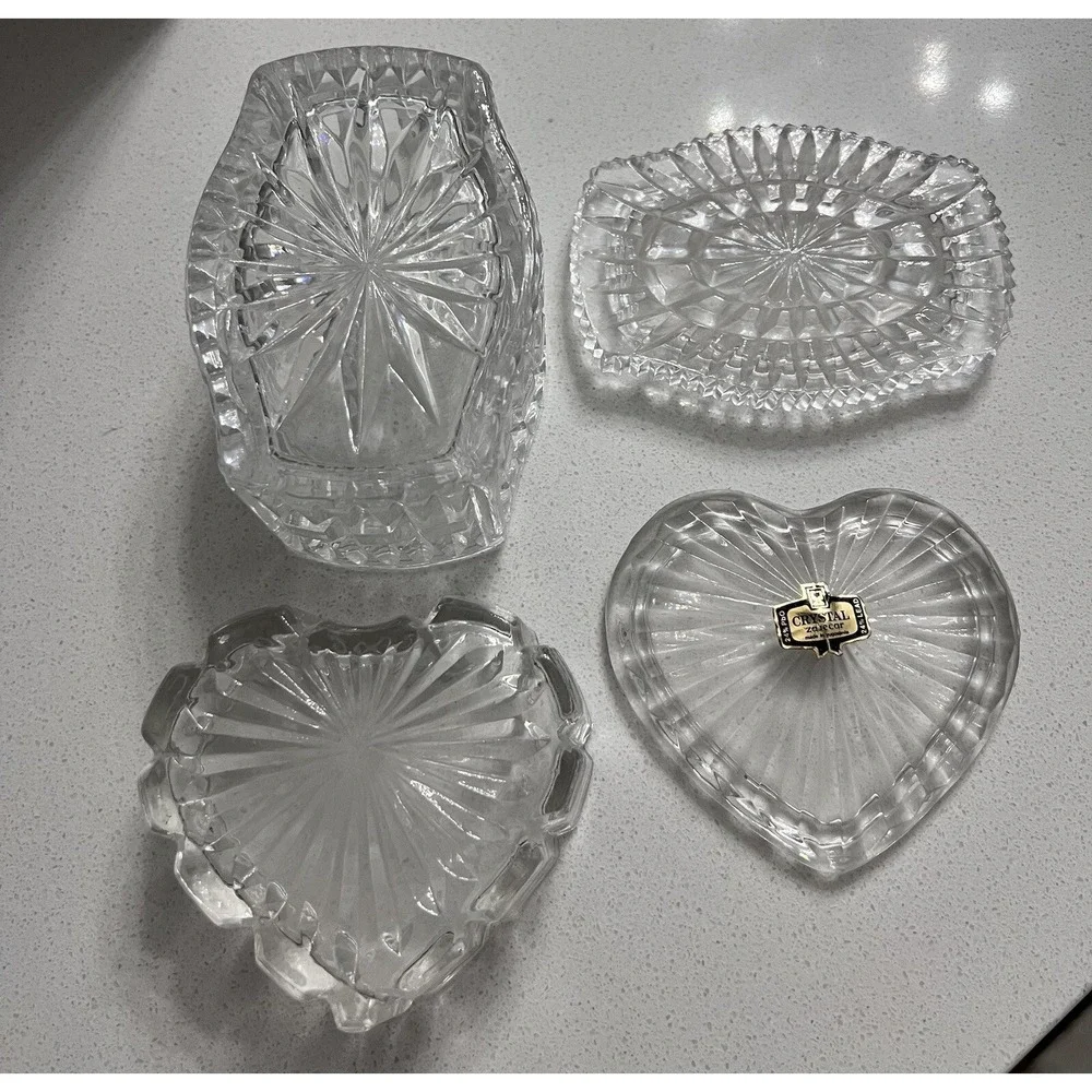 Vtg Crystal Trinket Boxes With Lids Rectangle Box & Heart Shaped From Yugoslavia